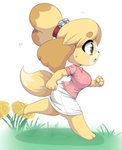 2020 absurd_res animal_crossing anthro blonde_hair bodily_fluids bottomwear breasts canid canine canis clothed clothing dipstick_tail domestic_dog female flower grass hair hi_res isabelle_(animal_crossing) mammal markings monotone_bottomwear monotone_clothing monotone_skirt multicolored_tail nintendo open_mouth plant running shih_tzu shirt simmsyboy skirt solo sweat sweatdrop tail tail_markings topwear toy_dog