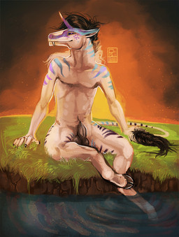 animal_genitalia anthro athletic athletic_anthro athletic_male balls black_hair blue_body blue_fur cloven_hooves fully_sheathed fur genitals grass hair hooves horn male male_anthro mane nude nude_anthro nude_male partially_submerged plant purple_body purple_fur sheath sitting solo striped_body striped_fur stripes tusks white_body white_fur i-psilone nyxie 2014