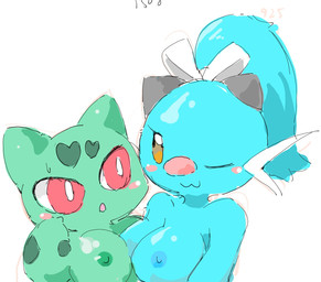 anthro areola big_breasts blue_areola blush blush_stickers breasts duo female female/female green_areola looking_at_viewer nipples number one_eye_closed simple_background wink winking_at_viewer tokemaru nintendo pokemon bulbasaur dewott generation_1_pokemon generation_5_pokemon pokemon_(species) hi_res