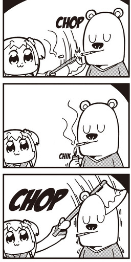 :3 axe cigarette clothing duo eyes_closed female humor lighter male melee_weapon pigtails school_uniform shaking smile smoking speech_bubble text trembling uniform violence weapon bkub pop_team_epic popuko bear human mammal 4koma comic english_text hi_res monochrome translated