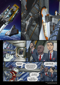 3_fingers 4_arms 4_eyes anthro bald black_claws claws dark_body dark_skin dialogue dialogue_box earth_(planet) fingers group hair light_body light_skin male multi_arm multi_eye multi_limb open_mouth purple_hair scar space spacecraft speech_bubble star suit_and_tie text vehicle window yellow_eyes darth_biomech leaving_the_cradle zane_htrua_sha alien human mammal raharr 2025 colored comic english_text hi_res url