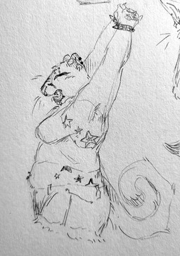 anatomy anthro armpit_hair barbell_piercing body_hair bottomwear clothing crop_top ear_piercing ear_ring eyebrow_barbell eyebrow_piercing facial_piercing female fluffy fluffy_tail navel navel_piercing open_mouth overweight piercing ring_piercing shirt shorts side_tattoo solo stretching tail tank_top tattoo topwear yawn curious_coyote cougar felid feline humanoid mammal absurd_res graphite_(artwork) hi_res monochrome traditional_media_(artwork)