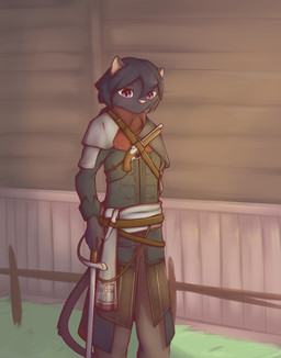 anthro armor black_body black_fur black_hair female fur hair skinny solo weapon whiskers cdt2s assassin's_creed ubisoft snowflake_(cdt2s) domestic_cat felid feline felis mammal hi_res