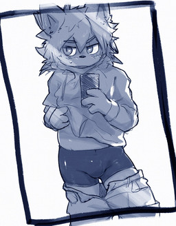 3_fingers anthro bangs belly black_nose black_outline black_spandex blush blush_lines bodily_fluids bottomwear bottomwear_down bulge cellphone clothed clothing clothing_lift electronics eyebrow_through_hair eyebrows fingers frown glistening glistening_bottomwear glistening_clothing glistening_shorts hair holding_object holding_phone hoodie hoodie_lift looking_away male messy_hair mirror mirror_selfie nervous nervous_sweat outline pants pants_around_ankles pants_down partially_clothed phone rectangle rectangle_background seductive selfie shadow shorts simple_background smartphone solo spandex spandex_clothing spandex_shorts standing sweat sweatdrop sweater sweater_lift teasing tight_bottomwear tight_clothing tight_shorts topwear translucent translucent_hair white_background young young_anthro young_male jinnosound canid canine canis domestic_dog mammal hi_res monochrome portrait three-quarter_portrait