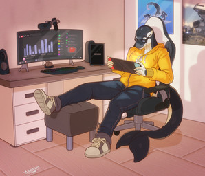 anthro clothed clothed_anthro clothed_male clothing comfortable computer cozy desk electronics eyewear furniture gaming gaming_chair glasses inside male male_anthro playing_video_game sitting solo table maxner12 nintendo nintendo_switch aquatic cetacean dolphin mammal oceanic_dolphin orca toothed_whale hi_res
