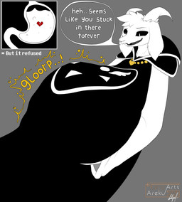 abdominal_bulge anthro belly big_belly dialogue fur internal male male_pred organs rumbling_stomach soul_vore stomach text white_body white_fur keruareku-san undertale undertale_(series) asriel_dreemurr asriel_dreemurr_(god_form) bovid caprine goat mammal soul_(undertale) hi_res