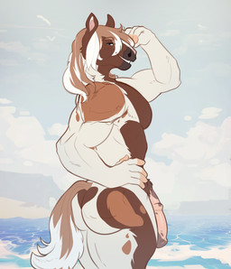 animal_genitalia animal_penis anthro beach blue_eyes equine_genitalia equine_penis fur genitals male mane mottled mottled_body mottled_fur muscular muscular_anthro nude_anthro penis piebald piebald_body piebald_fur pose smile smiling_at_viewer smirk solo tail lade_illust murphythehonse clydesdale draft_horse equid equine horse mammal absurd_res hi_res