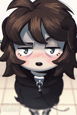 ambiguous_gender anthro black_clothing black_hoodie black_topwear blinking blush blush_lines brown_hair clothed clothed_anthro clothing collar depth_of_field eyebrows eyelashes floor hair high-angle_view hoodie leash leashed_collar looking_at_viewer mouthless raised_eyebrow solo text tile tile_floor topwear salamanding joan_(salamanding) canid canine canis domestic_dog mammal 2d_animation animated artist_name digital_media_(artwork) english_description frame_by_frame hi_res loop short_playtime watermark female_(lore)