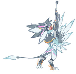 4_ears ambiguous_anthro ambiguous_gender anthro arms_bent biped blue_body blue_tail_tip clothed clothed_ambiguous clothed_anthro clothing digitigrade dipstick_tail feathers fingerless_gloves footwear gloves grey_body gun handwear head_tuft headgear headwear holding_gun holding_object holding_ranged_weapon holding_weapon looking_back markings multi_ear multicolored_body multicolored_feathers pink_body pink_eyes pink_sclera ranged_weapon simple_background solo standing tail tail_markings three-quarter_view tuft visor weapon white_background winged_arms wings 541b_bug avali avian 2025 digital_drawing_(artwork) digital_media_(artwork) flat_colors full-length_portrait portrait