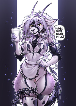 animal_print anthro bedroom_eyes bodily_fluids cow_print cow_print_bra dripping_vulva female fur genital_fluids horn narrowed_eyes pulling_up_bottomwear seductive solo text thick_thighs vaginal_fluids white_body white_fur f-r95 oxie antelope bovid grazing_antelope mammal oryx english_text hi_res
