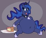 belly big_belly bloated blue_body blue_hair blue_tail blush cake dessert female feral food hair half-closed_eyes horn looking_down narrowed_eyes navel overweight overweight_female overweight_feral plate solo tail tongue tongue_out wavy_mouth graphene friendship_is_magic hasbro my_little_pony mythology princess_luna_(mlp) equid equine mammal mythological_creature mythological_equine unicorn 2021 absurd_res digital_media_(artwork) hi_res