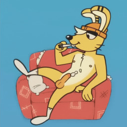 anthro beanie black_nose blonde_hair blowing_smoke blue_background bodily_fluids buckteeth circumcised clothing countershading cum cum_on_body cum_on_self drugs eyebrows footwear fur furniture genital_fluids genitals hair hat headgear headwear male marijuana marijuana_blunt nipples penis pillow short_hair simple_background smile smoke smoking socks sofa solo teeth thick_eyebrows whiskers yellow_body yellow_fur vickydanne bunrab lagomorph leporid mammal rabbit 1:1 animated