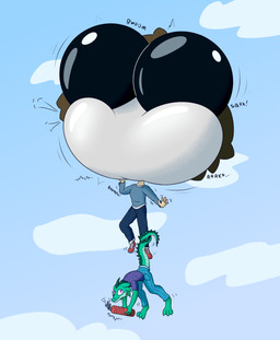 3_toes 4_fingers air_inflation anthro black_text blue_bottomwear blue_clothing blue_pants blue_topwear bottomwear brown_hair cheek_spikes clothing duo empty_eyes eye_expansion facial_spikes feet fingers floating footwear green_body grey_head hair hand_on_own_face head_inflation holding_object humanoid_hands hyper hyper_eyes hyper_inflation inflation looking_up_at_another male mouthless no_eyebrows noseless pants purple_clothing purple_eyes purple_shirt purple_t-shirt purple_topwear red_clothing red_footwear red_shoes red_sneakers shirt shoes sky sneakers sound_effects spikes spikes_(anatomy) t-shirt tail tail_on_leg tail_ridge text toes topwear vowelless vowelless_sound_effect spezza humanoid lizard reptile scalie 2022 absurd_res hi_res