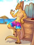 anthro athletic athletic_male beach beach_bar beverage claws clothing coconut coconut_drink day detailed_background drupe_(fruit) food fruit gold_scales green_eyes leaning looking_at_viewer male outside plant seaside smile smiling_at_viewer smirk smirking_at_viewer solo standing swimming_trunks swimwear tail lluisabadias mythology braz dragon mythological_creature mythological_scalie scalie 2023 absurd_res hi_res