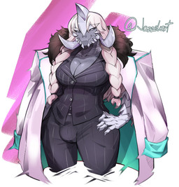abstract_background anthro big_breasts big_bulge braided_hair breasts bulge business_suit claws cleavage clothed clothing curvy_figure eyelashes finger_claws front_view grey_body grey_eyes grey_scales grey_sclera gynomorph hair hand_on_hip hand_on_own_hip huge_thighs intersex jacket long_hair multicolored_hair pink_hair scales solo suit text thick_thighs topwear two_tone_hair voluptuous voluptuous_anthro voluptuous_gynomorph voluptuous_intersex white_clothing white_hair white_jacket white_topwear wide_hipped_anthro wide_hipped_gynomorph wide_hipped_intersex wide_hips jazzelart capcom monster_hunter freyja_(aritrashpanda) arkveld flying_wyvern scalie 2025 artist_name digital_drawing_(artwork) digital_media_(artwork) hi_res watermark