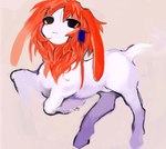 accessory ambiguous_gender eyebrow_through_hair eyebrows feral floppy_ears fur hair hair_accessory hooves human_faced_feral humanoid_face kemono mane on_hind_legs red_hair red_mane solo tail translucent translucent_hair unguligrade white_body white_fur yogurt200 mammal