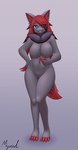 anthro big_breasts black_body blue_eyes breasts claws featureless_breasts featureless_crotch female hair hand_on_hip inner_ear_fluff looking_at_viewer neck_tuft nude red_hair smile solo tuft myssedakes nintendo pokemon generation_5_pokemon pokemon_(species) zoroark absurd_res hi_res