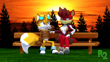 2_tails anthro bottomless breasts clothed clothing dipstick_tail duo eyewear eyewear_on_head female footwear fur gloves goggles goggles_on_head hair handwear male markings multi_tail multicolored_tail outside red_body red_fur red_hair shoes sunset tail tail_markings yellow_body yellow_fur rotalice2 archie_comics sega sonic_the_hedgehog_(archie) sonic_the_hedgehog_(comics) sonic_the_hedgehog_(series) fiona_fox miles_prower canid canine fox mammal 16:9 2018 3d_(artwork) digital_media_(artwork) hi_res widescreen