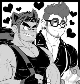 arm_tattoo band-aid bandage biceps blush clothing duo eyewear glasses happy heart_symbol looking_at_another male male/male muscular muscular_human muscular_humanoid muscular_male nipple_outline one_eye_closed pecs stubble tail tattoo tight_clothing vein veiny_muscles wearing_glasses wink diskodeath luke_(frieddough) mctail human humanoid mammal black_and_white hi_res monochrome
