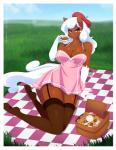 anthro basket bedroom_eyes beret big_breasts blush breasts brown_eyes candy cleavage clothed clothing cloud container cookie curvy_figure dessert dress female food fur glistening glistening_body glistening_skin hair half-closed_eyes hat headgear headwear ice_cream ice_cream_sandwich legwear lollipop long_hair looking_at_viewer narrowed_eyes outside picnic_basket picnic_blanket seductive sky smile solo stockings thick_thighs voluptuous white_hair wide_hips re-sublimity-kun hasbro my_little_pony fan_character sundae_(oc) earth_pony equid equine horse mammal pony digital_media_(artwork) hi_res shaded