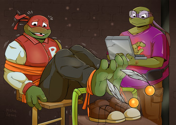 2_toes 3_fingers angry anthro barefoot bdsm blush bondage bottomwear bound chair clothed clothing computer duo electronics eyewear feathers feet fingers foot_fetish foot_focus footwear furniture glasses holding_laptop laptop male mask open_mouth pants plantigrade shell shoes sitting smile soles tickle_torture tickling tickling_feet toes topwear wearing_glasses mishajeans teenage_mutant_ninja_turtles donatello_(tmnt) raphael_(tmnt) reptile scalie turtle absurd_res digital_media_(artwork) hi_res brother_(lore) brothers_(lore) sibling_(lore)