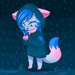 anthro blue_hair clothing coat ears_down female fluffy fluffy_tail hair leg_markings markings pivoted_ears raincoat raining socks_(marking) solo tail topwear ezpups bani_(ezpups) domestic_cat felid feline felis mammal 1:1 2015 color_contrast cool_colors digital_media_(artwork) low_res pixel_(artwork) thumbnail