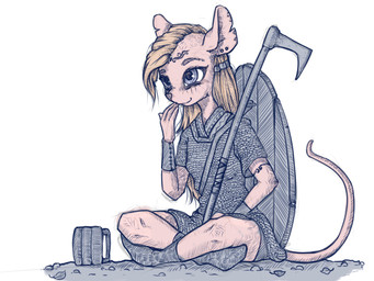 anthro armor axe biped blonde_hair blue_eyes breasts chainmail clothed clothing female hair melee_weapon shield simple_background sitting small_breasts solo weapon white_background madhotaru mammal mouse murid murine rodent 2018 4:3 digital_media_(artwork) hi_res