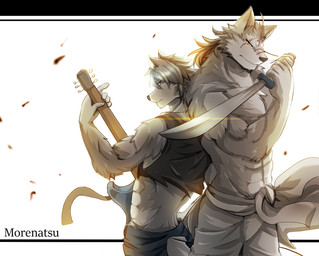 abs anthro biceps clothed clothing duo electric_guitar fur guitar holding_guitar holding_melee_weapon holding_musical_instrument holding_object holding_sword holding_weapon male melee_weapon muscular muscular_anthro muscular_male musical_instrument pecs plucked_string_instrument shirt string_instrument sword tank_top topless topwear weapon tach8 morenatsu kouya_aotsuki ten_kodori canid canine canis domestic_dog husky mammal nordic_sled_dog spitz wolf 2016 hi_res