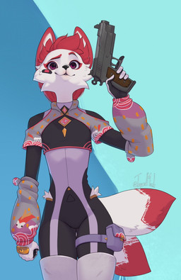anthro clothing female flat_chested fur gun handgun holding_gun holding_handgun holding_object holding_pistol holding_ranged_weapon holding_weapon looking_at_viewer pink_body pink_fur pistol purple_eyes ranged_weapon smile solo standing weapon white_body white_fur togaed epic_games fortnite kimiko_five-tails canid canine fox mammal colored hi_res shaded signature