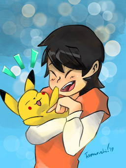 ambiguous_feral ambiguous_gender bangs black_ear_tips black_ears black_eyebrows black_hair black_nose blush blush_stickers carrying_another clothed clothed_human clothed_male clothing dipstick_ears duo ear_markings eyebrow_through_hair eyebrows eyes_closed feral fur hair happy larger_human larger_male long_sleeves male male_human markings multicolored_ears open_mouth open_smile orange_clothing orange_shirt orange_topwear petting pink_tongue shirt short_sleeves size_difference smaller_ambiguous smaller_feral smile teeth tongue topwear translucent translucent_hair two_tone_ears white_clothing white_shirt white_topwear yellow_body yellow_ears yellow_fur tomaruchi nintendo pokemon generation_1_pokemon human mammal pikachu pokemon_(species) 2019 3:4 dated hi_res signature