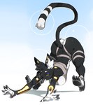 anthro big_breasts black_body black_fur breasts clothed clothing ear_piercing female fur jewelry piercing simple_background solo stretching tail whiskers white_body white_fur yellow_sclera muart242 bacardi_(muart242) domestic_cat felid feline felis mammal hi_res