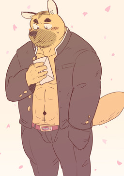 anthro blush bottomwear brown_body clothing humanoid_hands kemono male muscular muscular_male navel pants simple_background solo kick_(artist) canid canine canis domestic_dog mammal 2015