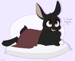 alternate_species anthro bedding black_body black_fur blanket brown_eyes buckteeth child colored cotton_tail dated dialogue digital_drawing_(artwork) digital_media_(artwork) feral fur furzfanger_(character) gloves_(marking) happy heart_symbol higglytownhero lagomorph leporid long_ears love lying lying_on_pillow male mammal markings on_front open_mouth paws pillow rabbit signature smile solo teeth white_paw white_sclera young