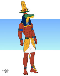 abs anthro barefoot crown ears_back feet headgear male muscular muscular_male nipples pivoted_ears solo wearing_crown bartek22 sobek hi_res