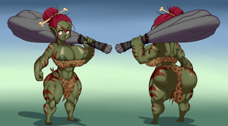 areola big_breasts big_butt bottomwear breasts butt cleavage clothed clothing club_(weapon) female hair holding_object holding_weapon loincloth melee_weapon muscular muscular_female muscular_humanoid not_furry red_hair solo weapon weapon_on_shoulder ber00 humanoid orc absurd_res hi_res
