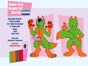 4_fingers 4_toes animal_genitalia animal_penis anthro anus arm_tuft balls black_hair butt canine_genitalia canine_penis chest_tuft claws crotch_tuft digitigrade dipstick_ears dipstick_tail ear_markings erection facial_tuft fangs feet fingers fur genitals gloves_(marking) green_body green_fur grey_claws grey_nose hair hand_on_hip head_tuft knot knotted_penis leg_markings leg_tuft lgbt_pride male markings multicolored_body multicolored_ears neck_tuft open_mouth open_smile orange_body orange_fur pawpads paws penis perineum pink_anus pink_background pink_penis pink_tongue pride_colors red_pawpads shoulder_tuft simple_background smile socks_(marking) solo tail tail_markings tail_tuft teeth text toe_claws toes tongue tuft vincian_pride_colors waist_tuft wide_eyed xing1 fern_the_fox canid canine fox mammal digital_media_(artwork) english_text flat_colors hi_res model_sheet