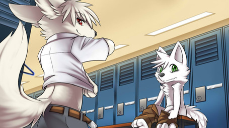 anthro arm_tuft belt bottomwear brown_belt cheek_tuft chest_tuft chibi closed_smile clothed clothing duo facial_tuft fur glistening glistening_eyes green_eyes grey_bottomwear grey_clothing grey_pants hair inside locker_room looking_at_viewer male mouth_closed pants red_eyes short_hair shoulder_tuft sitting smile tail topless topwear tuft undressing white_body white_clothing white_fur white_hair white_tail white_topwear kuttoyaki canid mammal 16:9 widescreen