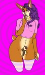 anthro beverage_in_sheath blush_(makeup) clothed clothing crop_top femboy fur gesture hair hand_gesture handpads handpaw inner_ear_fluff legwear long_hair long_tongue looking_at_viewer makeup male orange_body orange_fur pantsless pantsless_male paws pink_clothing pink_eyes pink_inner_ear pink_nose pink_shirt pink_tongue pink_topwear purple_eyelids purple_hair scut_tail shirt short_tail solo suggestive suggestive_gesture tail tan_body tan_fur thigh_highs tongue tongue_out topwear tuft v_sign rabbitemperor11 sophia_(sophia_e._carrots) hare lagomorph leporid mammal