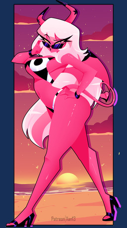 beach black_eyeliner bracelet breasts clothing eyelashes eyeliner eyewear female footwear high_heels horn jewelry makeup membrane_(anatomy) membranous_wings red_body red_eyes sand sea shoes solo spade_tail sun sunglasses sunset swimwear tail under_boob water wings yellow_sclera xan-gelx hellaverse helluva_boss verosika_mayday demon humanoid alpha_channel hi_res