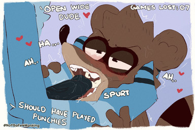 anthro balls bodily_fluids cum cum_in_mouth cum_inside cumshot cumshot_in_mouth duo ejaculation erection fellatio forced forced_oral fur genital_fluids genitals head_grab head_penis humanoid_genitalia humanoid_penis male male/male oral oral_penetration penetration penile penis sex simple_background text tongue notsafeforwanking cartoon_network regular_show mordecai_(regular_show) rigby_(regular_show) avian bird blue_jay canid corvid jay_(bird) mammal new_world_jay oscine passerine procyonid raccoon digital_media_(artwork) english_text hi_res