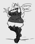 anthro big_breasts big_butt bodily_fluids boots breasts butt cleavage clothed clothing collar dialogue female footwear shoes solo speech_bubble sweat sweatdrop tail text thick_thighs pokebraix undertale_(series) toriel boss_monster_(undertale) bovid caprine goat mammal english_text hi_res monochrome