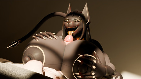 5_fingers anthro areola big_breasts big_penis black_hair breast_play breasts claws cybernetics dark_body dreadlocks duo exoskeleton female female_anthro finger_claws fingers genitals glans glans_lick hair hand_on_breast huge_breasts huge_penis larger_anthro larger_female licking looking_at_another looking_at_partner machine male male/female nipples open_mouth oral penile penis penis_between_breasts penis_lick sex size_difference smaller_anthro smaller_male spade_tail tail titfuck tongue tongue_out moky_(artist) khayani_(egyptianexo) cyborg felid lion mammal pantherine 16:9 3d_(artwork) digital_media_(artwork) hi_res widescreen