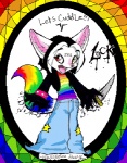 alternative_fashion anthro black_hair bottomwear clothed clothing dialogue female glamfur hair heterochromia knife open_mouth pants rainbow shirt short_hair smile solo sparklefur star tail text tongue topwear weapon white_hair chival lock_(kakumatsurou) canid canine fox mammal 2003 colorful_theme english_text low_res