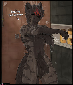 anthro armpit_hair ball_tuft balls bathing body_hair brown_body bubble detailed_background ear_piercing foreskin genitals hair half-erect highlights_(coloring) humanoid_genitalia humanoid_penis male messy_hair nails nude orange_eyes penis piercing raised_arm red_highlights shower showering solo spots standing stripes tail tuft unretracted_foreskin wet nick7005 hyena mammal striped_hyena hi_res