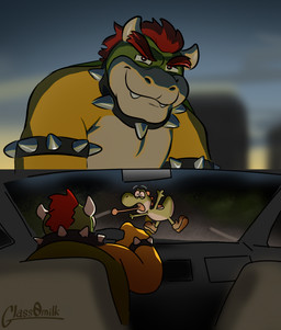 anthro bracelet car collar driving duo eyebrows inside_car inside_vehicle jewelry male night road spiked_bracelet spiked_collar spikes thick_eyebrows vehicle glass0milk asgore_running_over_dess bergentruck bowser_day mario_bros nintendo bowser yoshi_(character) dragon_koopa green_yoshi koopa scalie yoshi hi_res