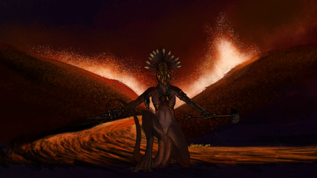 anthro belly claws dagger female genitals glowing glowing_eyes headgear jewelry lava mechanical_hand melee_weapon necklace solo spread_legs spreading toe_claws vulva weapon gummi_art warhammer_(franchise) warhammer_fantasy scalie skink_(warhammer_fantasy) 16:9 hi_res widescreen