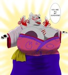 anthro areola areola_slip asian_clothing clothing east_asian_clothing female japanese_clothing kimono light lips morbidly_obese obese overweight overweight_female pawpads sleeves solo sunlight text thick_bottom_lip alythewolfcat capcom okami_(capcom) amaterasu_(okami) canid canine canis mammal wolf english_text hi_res