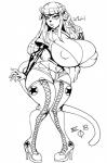 anthro big_breasts bottomwear breasts cleavage clothed clothing female footwear high_heels huge_breasts nipple_outline shoes shorts solo scarfyace felid feline mammal hi_res monochrome