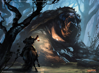 detailed_background duo feral forest lamp lantern macro night open_mouth plant quadruped rear_view riding size_difference straddling tree water tomasz_jedruszek hasbro magic:_the_gathering wizards_of_the_coast human mammal monster reptile scalie turtle official_art signature
