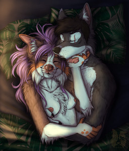 anthro bedroom breasts cuddling duo female male male/female married_couple sleeping lilaccolliearts lilac_collie michael_wolf border_collie canid canine canis collie domestic_dog herding_dog mammal pastoral_dog sheepdog wolf absurd_res hi_res huge_filesize
